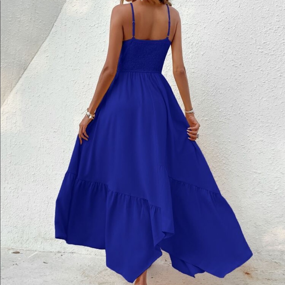 Boho Smocked Bodice Asymmetrical Hem Ruffle Cami Maxi Dress BLUE - Picture 3 of 14